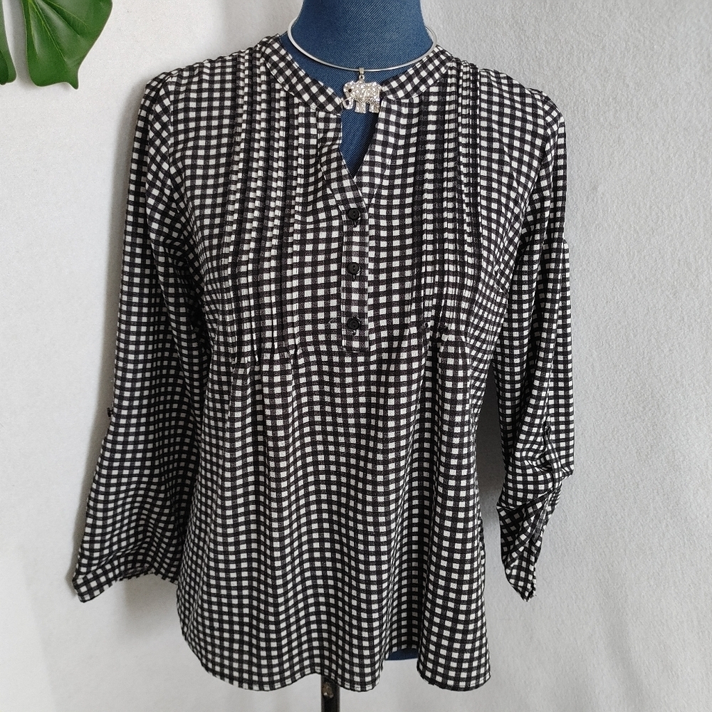 Studio Works Black White Pintucked Gingham Top Size M